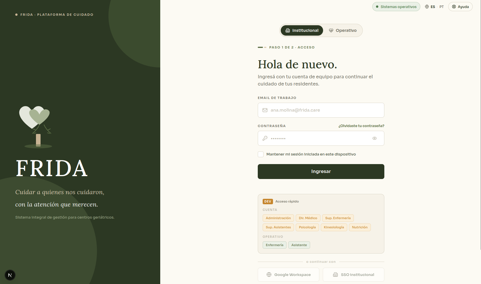 Pantalla de acceso de Frida con selector Institucional / Operativo