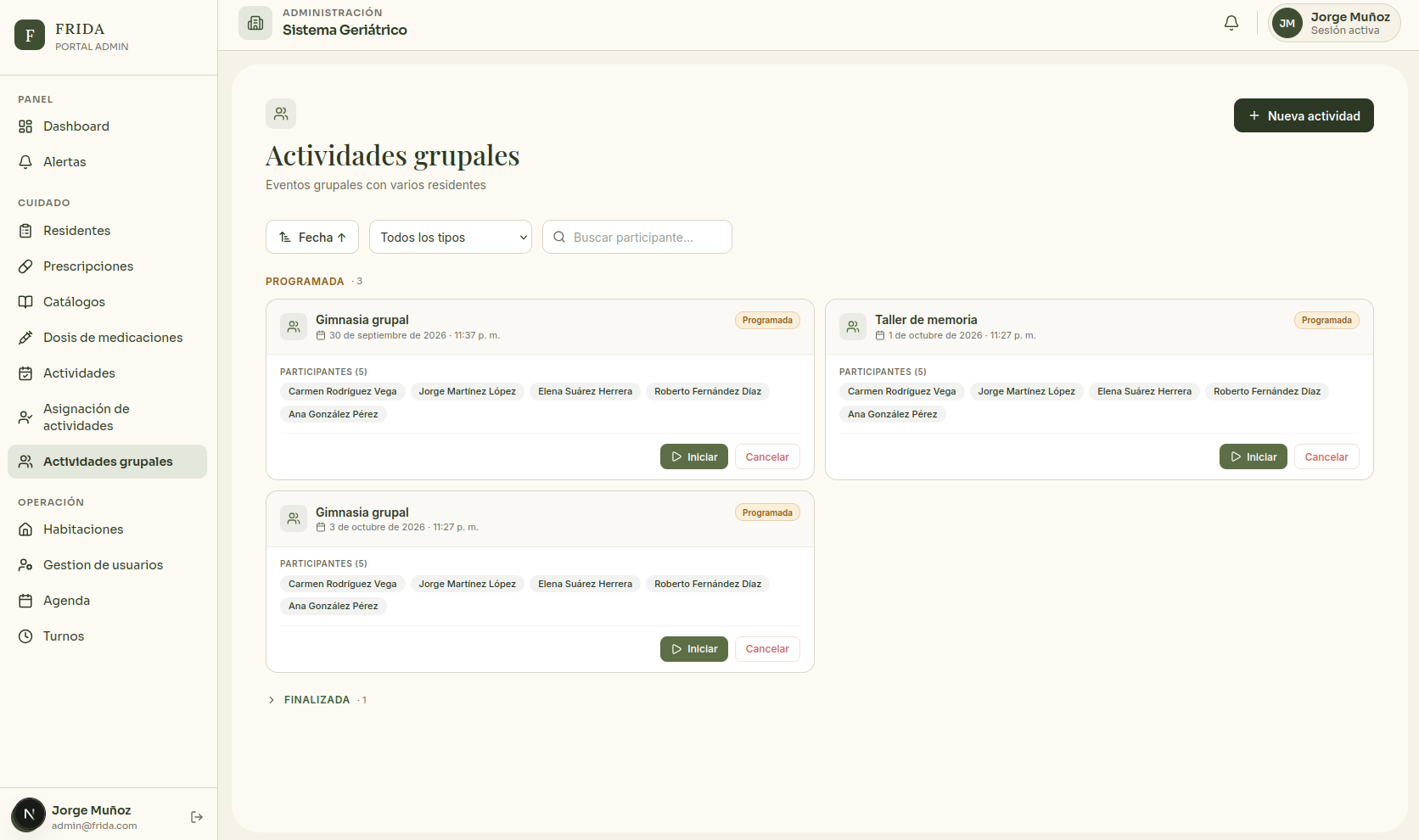 Actividades grupales programadas con sus participantes